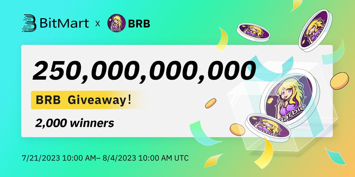 🌟 #BitMart X #BRB #Airdrop 🌟

1⃣️Follow <a href="/BitMartExchange/">BitMart</a> &amp; <a href="/BitMartResearch/">BitMart Research｜$BMX HODLer</a> &amp; @Barbie_coin
2⃣️Join t.me/BitMartExchange &amp; t.me/barbiecoins
3⃣️RT &amp; Tag 3 frds &amp; Like
4⃣️Fill forms.gle/W8nyGb8CNDhPtb…

🎁2,000 winners / 250,000,000,000 $BRB
Register👉