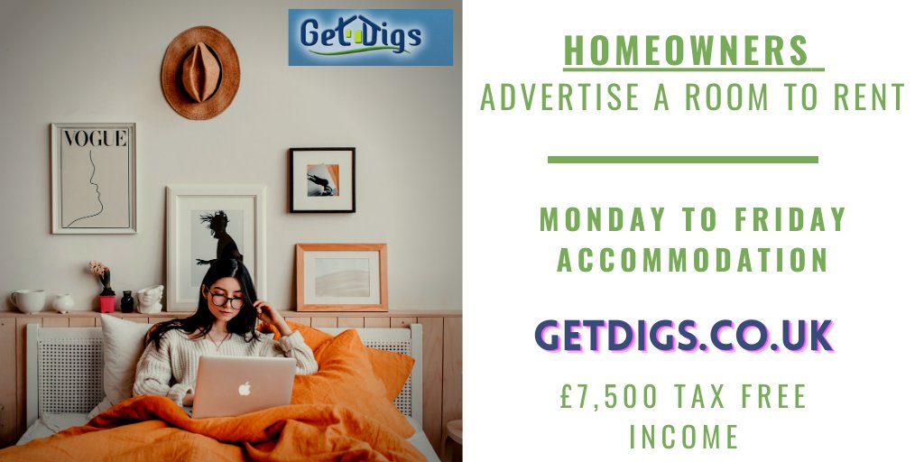 Homeowners-rent out a room in your home Monday to Friday and earn £7,500 p.a. Tax Free. Getdigs.co.uk have an unbelievable offer - advertise your room for only £5 ! #ENGvAUS #London #Manchester #Birmingham #Liverpool #roomtorent #rentaroomscheme