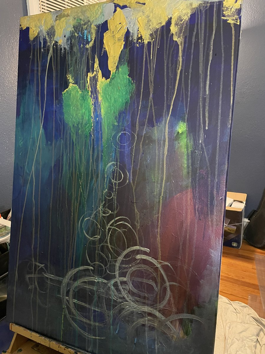 SOMETHING NEW in the works… Inspired by Ein Gedi, an oasis in the Judean desert that’s now a beautiful nature preserve.

It’ll depict a waterfall when I’m done, but I’m doing an abstract under painting with deep jewel tones, bold metallics, and sacred symbolism.