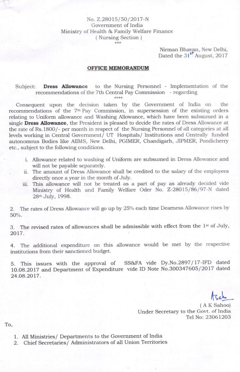 There is a provision of '#Uniform_allowance & #Washing_allowance' for regular employees as per 7th CPC under centre govt. No such allowances are given to contractual/outsourcing employees. Pls do the needful. @garg_yashpal @NHM_UTCh @chandigarh_admn @MoHFW_INDIA