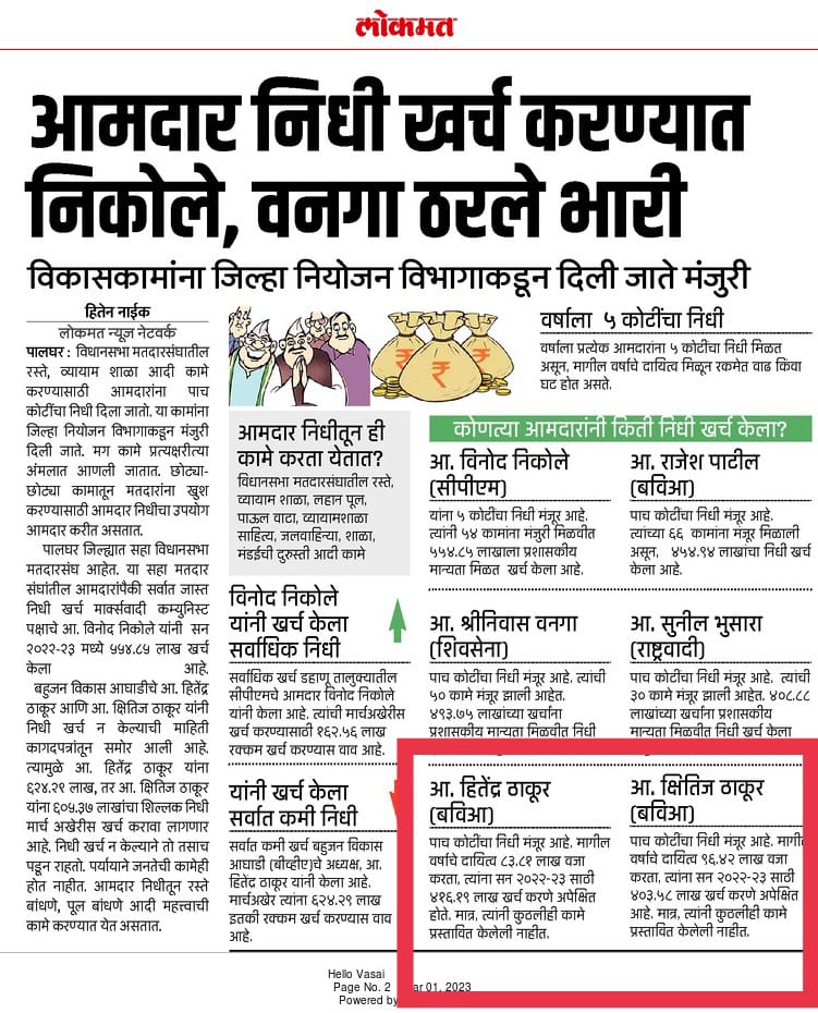 miMahendrap's tweet photo. वसई विरार च्या जनतेला सांगण्यासाठी खास...

वसई विरार थोड्याश्या पावसात पाण्यात का जाते का नाही ह्या समस्यावर कायमचे उत्तर मिळत नाही त्याचे उत्तर आपल्यासाठी आपले स्थानिक आमदार राज्यातून आलेल्या जनतेच्या कामासाठी असलेला आमदार निधी खर्चच करत नाहीत मग "जनता उपाशी आणि ते तुपाशी" https://t.co/U1qdthb3Sn