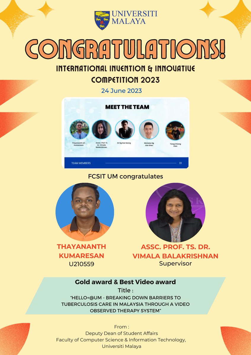 FCSIT congratulate Thayananth Kumaresan (U2105590) &amp; his supervisor,  Assc. Prof. Ts. Dr. Vimala Balakrishnan for receiving GOLD AWARD and BEST VIDEO AWARD in INTERNATIONAL INVENTION &amp; INNOVATIVE COMPETITION (InIIC SERIES 1/2023)
on 24 June 2023