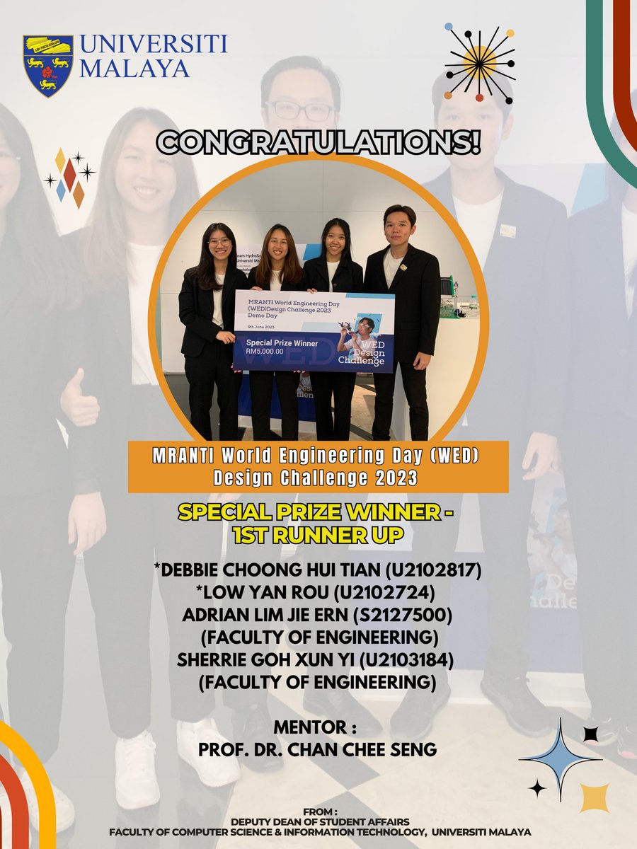 We would like to congratulate

1. Debbie Choong Hui Tian (U2102817) - FSKTM
2. Low Yan Rou (U2102724) - FSKTM
3. Adrian Lim Jie Ern (S2127500) - FK
4. Sherrie Goh Xun Yi (U2103184) - FK

and  Mentor : Prof. Dr. Chan Chee Seng