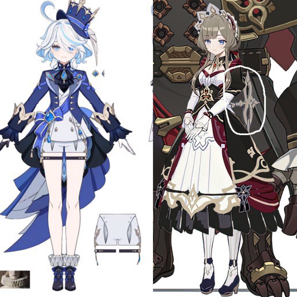 PeepawRichter's tweet photo. Let’s talk about the contrast in Furina and Sandrone design yet still complementing one another: 
- Ouji (Prince) vs Lolita 
- Opposite hair bang direction 
-hair down vs hair tied up (braided bun) 
-  top hat vs Bonnet
- ciel and Elizabeth (Black Butler) https://t.co/JwNmIGL0sq