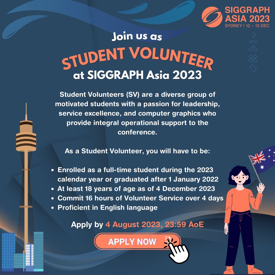 SIGGRAPHAsia's tweet image. 📣Calling all passionate students in the #ComputerGraphics &amp;amp; #InteractiveTechniques industry to join us as SV at #SIGGRAPHAsia2023! Trust us, it&apos;s going to be a fun &amp;amp; rewarding experience! 😉 Apply by 4 August! 👉 bit.ly/sa23-svs 

#SASV #ProudToBeSV @SIGGRAPHAsiaSV