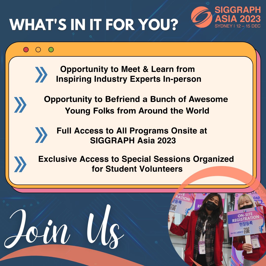 SIGGRAPHAsia's tweet image. 📣Calling all passionate students in the #ComputerGraphics &amp;amp; #InteractiveTechniques industry to join us as SV at #SIGGRAPHAsia2023! Trust us, it&apos;s going to be a fun &amp;amp; rewarding experience! 😉 Apply by 4 August! 👉 bit.ly/sa23-svs 

#SASV #ProudToBeSV @SIGGRAPHAsiaSV