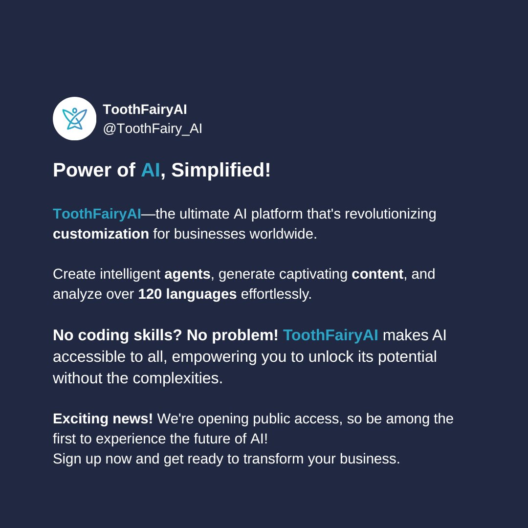 ToothFairy_AI's tweet image. No coding skills? No problem! ToothFairyAI makes AI accessible to all, unlocking its potential without complexity.

Sign up today and transform your business. 📈

Follow us for AI magic
Twitter: @ToothFairy_AI
LinkedIn: bit.ly/3XI0iOF 

#AI #ToothFairyAI