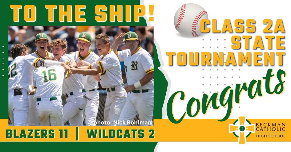 BeckmanCatholic's tweet image. BLAZERS WIN! Congratulations to the players and coaches on their win over West Lyon tonight to advance to the CHAMPIONSHIP game of the Class 2A State Tournament. The Blazers will play Underwood tomorrow afternoon at 2:30PM. Way to go, Blazers!