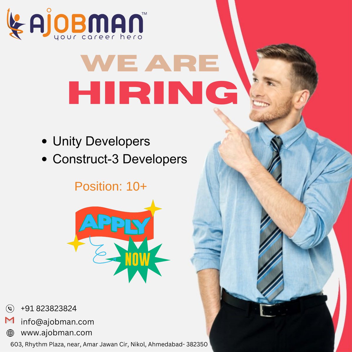 a_jobman's tweet image. We're Hiring!
1️⃣ #unitydevelopers
2️⃣ #construct3 developers
Work From Office
Apply Now!
💯% #jobplacement
👉Terms & condition apply
🔖Send your CV & Contact Us more Detail: -
📲+91 8238238244, 📧 info@ajobman.com
#construct3developersjob #gamedevelopers #jobconsultancy #ajobman