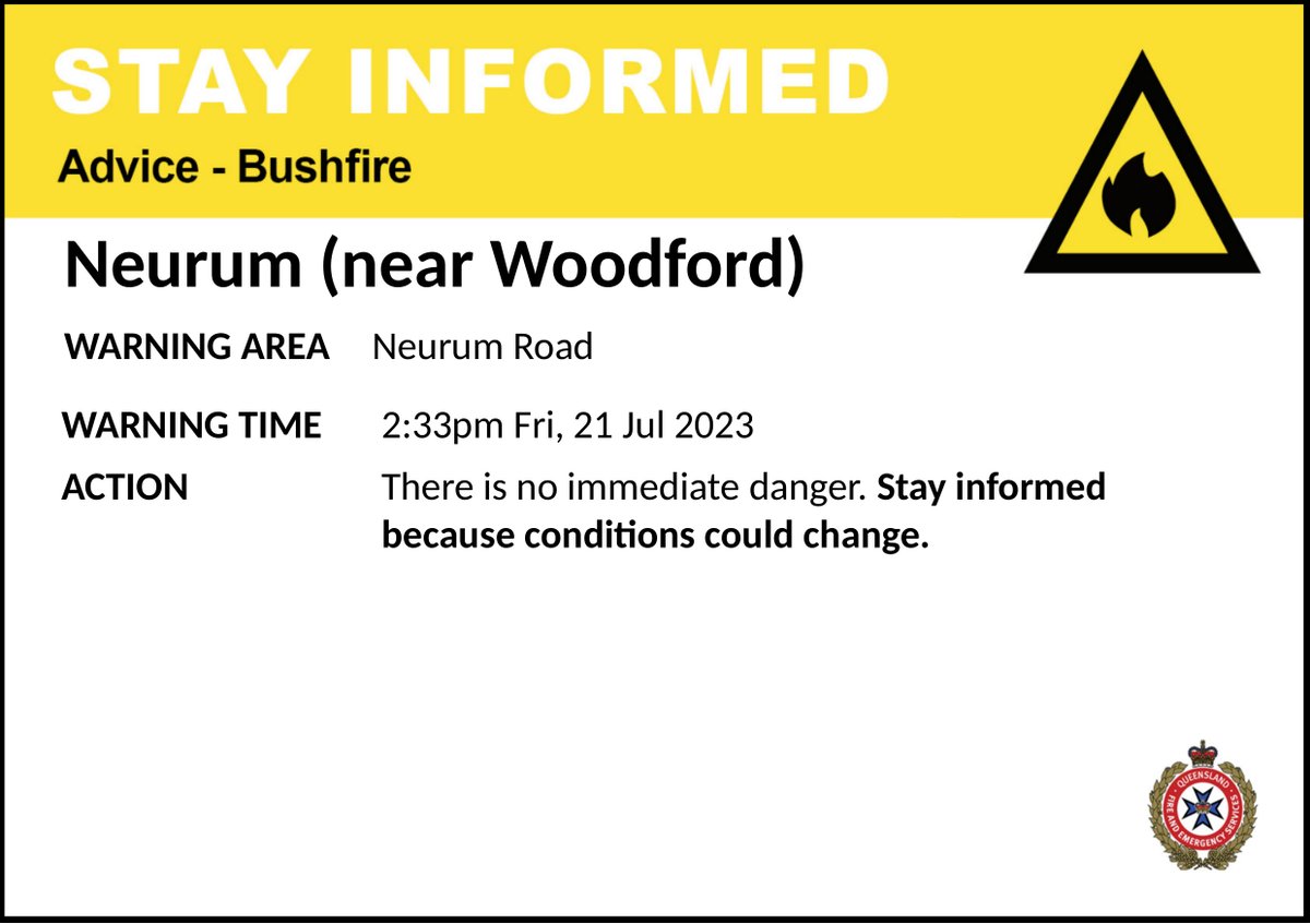STAY INFORMED - Neurum (near Woodford) - fire as at 2:33pm Friday, 21 July 2023. For all current warnings, updates and mapping go to qfes.qld.gov.au/Current-Incide….