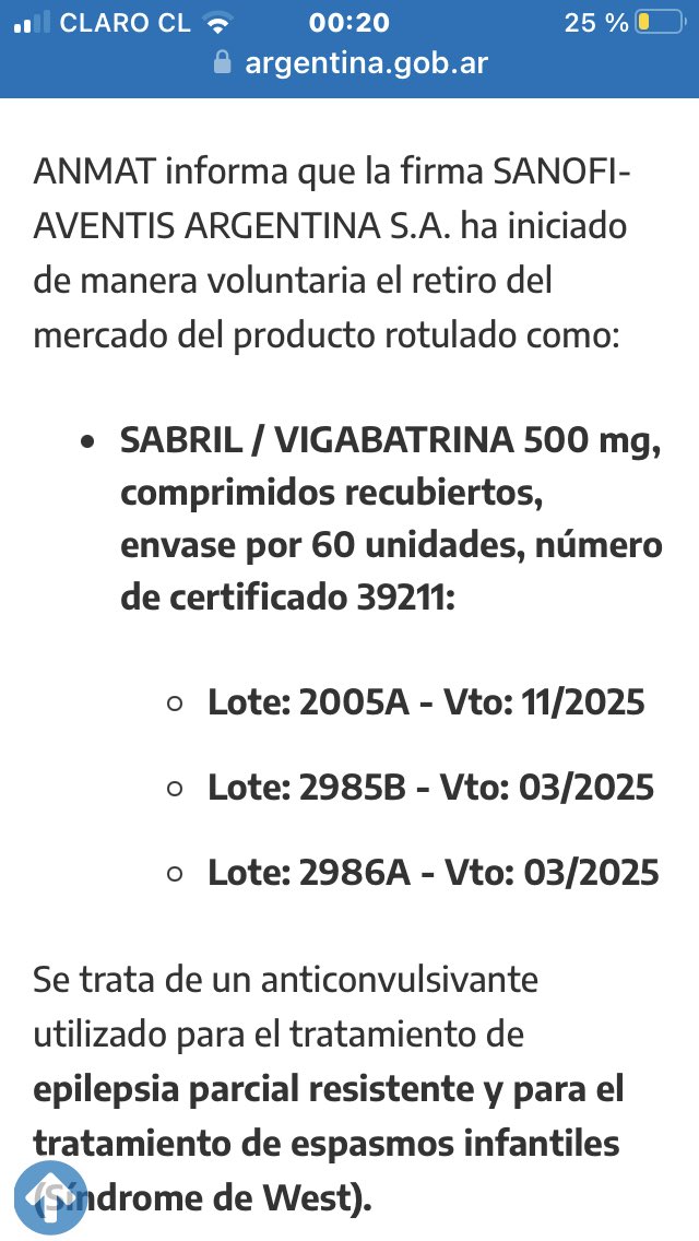 Ya que ni el <a href="/ispch/">Instituto de Salud Pública de Chile</a> ni <a href="/ministeriosalud/">Ministerio de Salud</a> han compartido la información, a todos los que toman SABRIL , anti epiléptico, ojo con esta información
se ha emitido una alerta para retiro del medicamento, para quienes compran o se los dan en consultorios u hospitales, revisen
