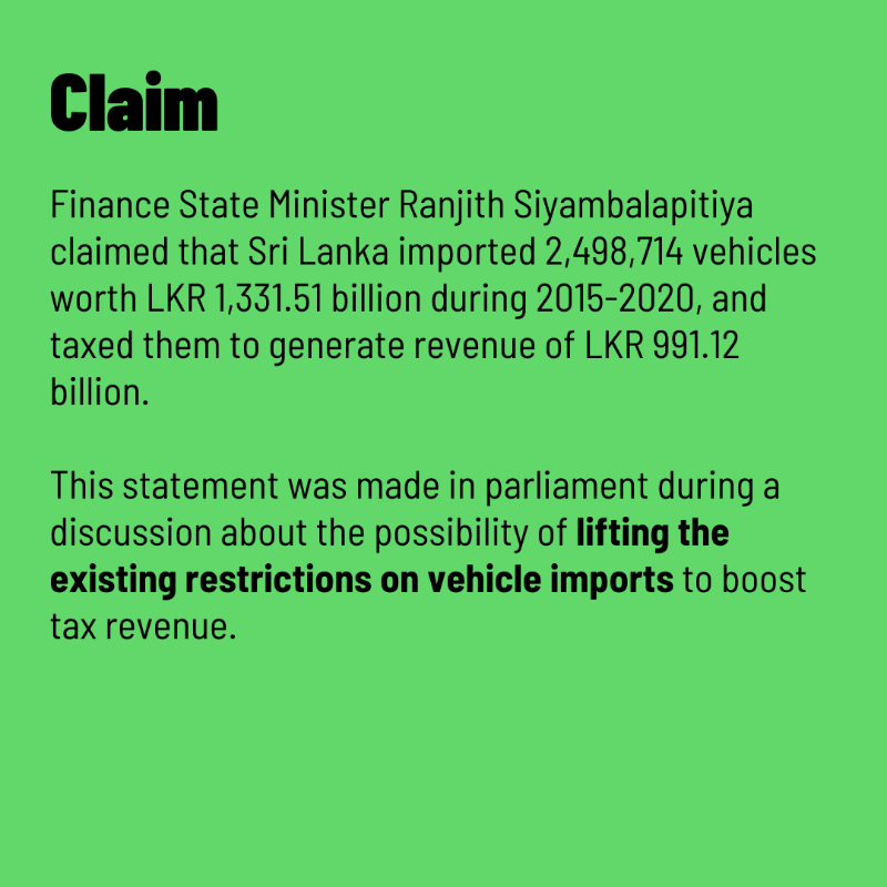 factchecklka's tweet photo. Finance State Minister Siyambalapitiya mentioned a few figures on #SriLanka's vehicle imports and tax revenue. 🚗📈 Did he get his numbers right?
Swipe ⏪ to find out.
📚 Read it in full: https://t.co/d30RQOqN3A
#FactCheckLK