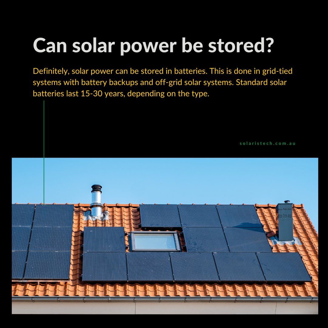SolarisPtyLtd's tweet image. Definitely, solar power can be stored in batteries. This is done in grid-tied systems with battery backups and off-grid solar systems.

#SolarPowerStorage #CleanEnergy #EnergyStorageSystems #SolarBatteryStorage #SolarBatteryBackup #SolarInstallationCompany