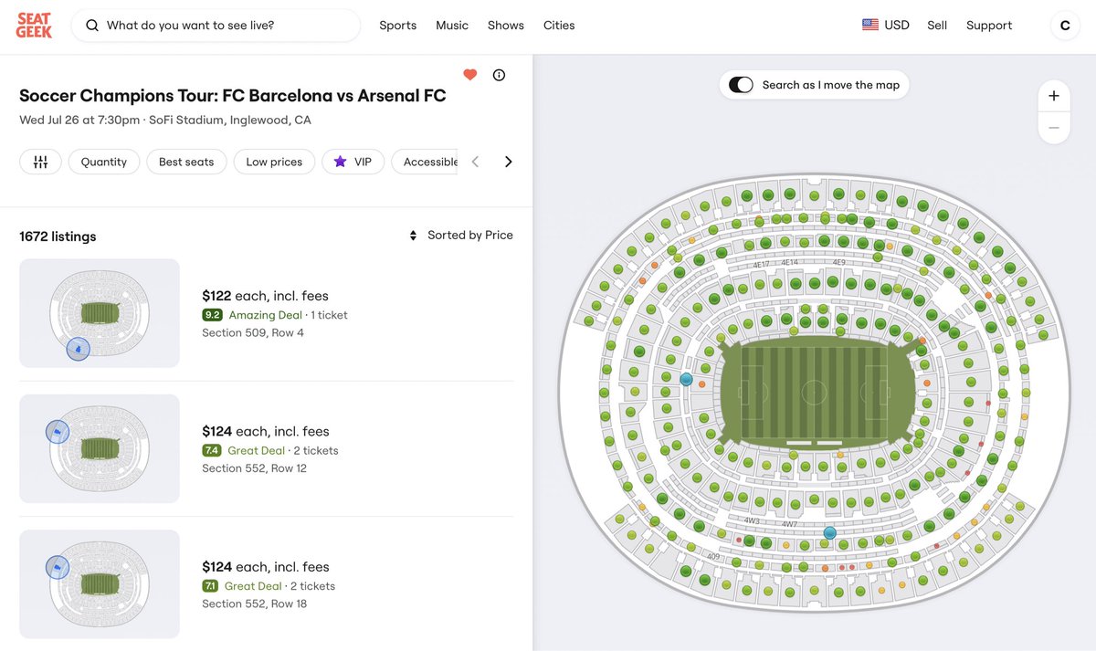 panghy's tweet image. There should be a way to see historical prices on @Ticketmaster / @SeatGeek for past events (figuring out when's the last time to get tickets for Arsenal's game next week in South Cal!)