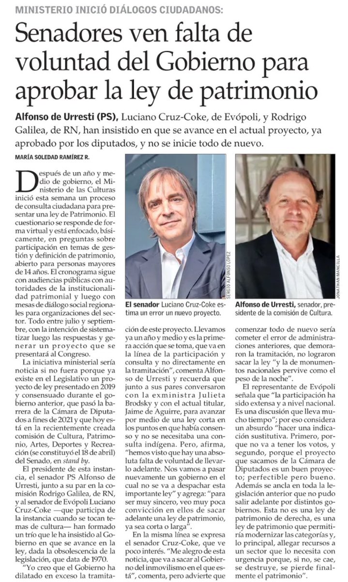 Ley de Patrimonio: bancada transversal de Senadores <a href="/adeurresti/">Alfonso De Urresti</a> <a href="/lcruzcoke/">Luciano Cruz-Coke - SENADOR RM</a> <a href="/galilea_rodrigo/">Rodrigo Galilea</a> resienten la dilación, notoria falta de voluntad e interés de <a href="/culturas_cl/">Ministerio de las Culturas</a>, por avanzar y sacar adelante esta urgente normativa, consensuada x años y ya aprobada por la Cámara de Diputad@s