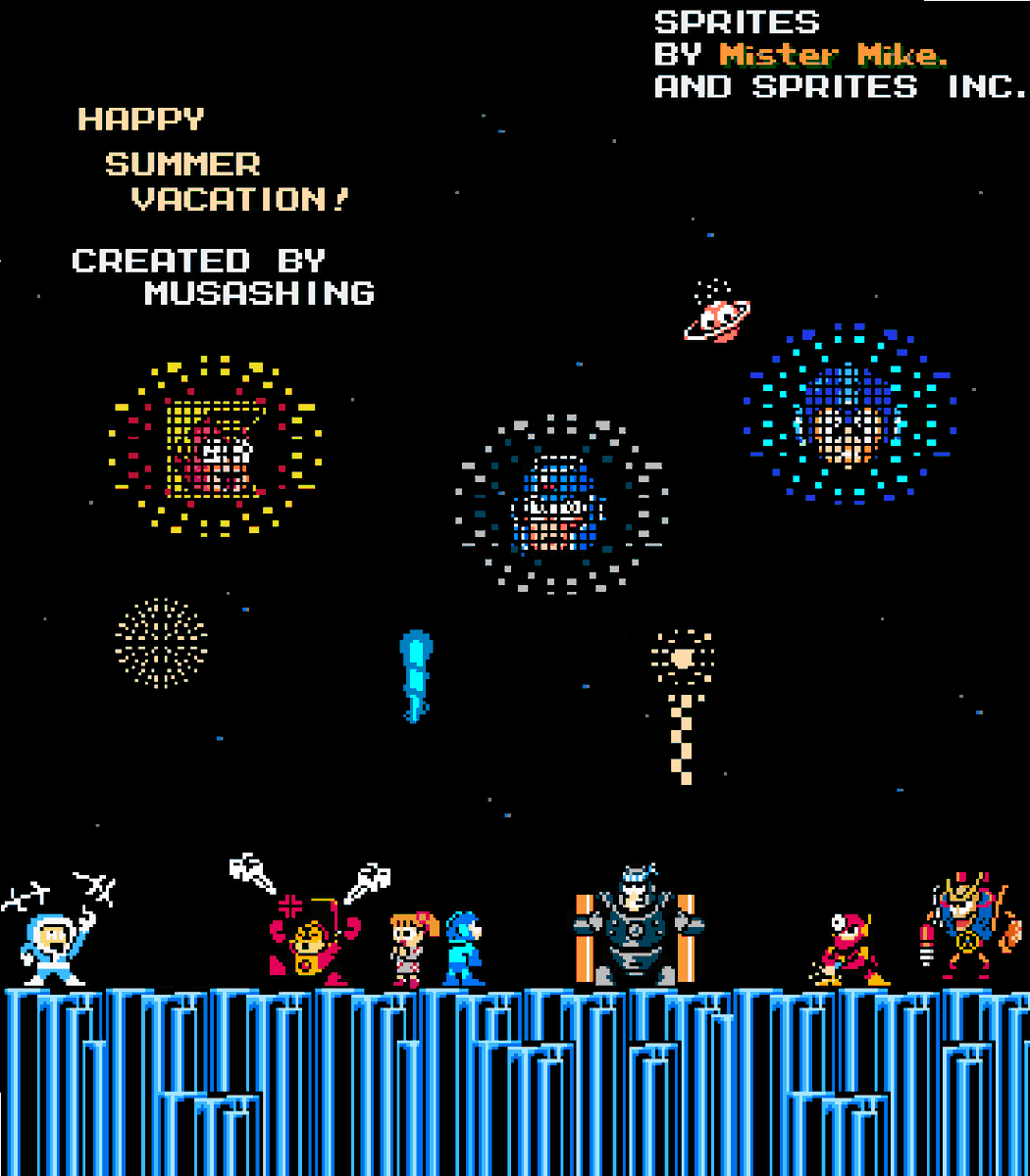 Musashingman's tweet image. 花火大会（また投稿遅れてしまった...)
#ロックマン #ロックマン2 #ロックマン3 #ロール #アイスマン #メタルマン #ヒートマン #ハードマン #ドクロボット