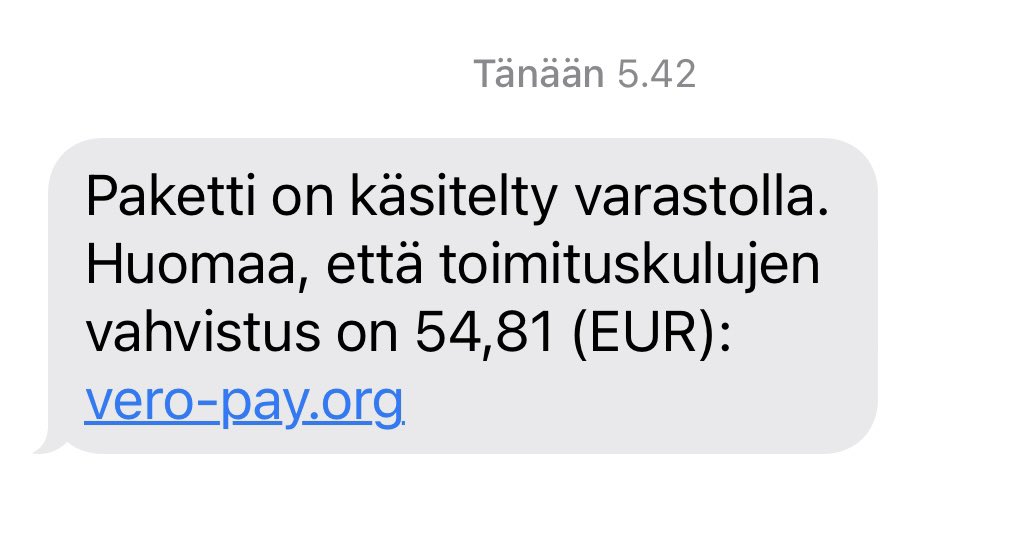 VAROITUS! Sain huijausviestin joka tuli aitoon ketjuun Postin todellisten tekstiviestien jatkoksi. Viestissä sanotaan paketin olevan valmis varastolla mutta 54,81€ toimituskulut pitää vahvistaa annetun verkkolinkin kautta.