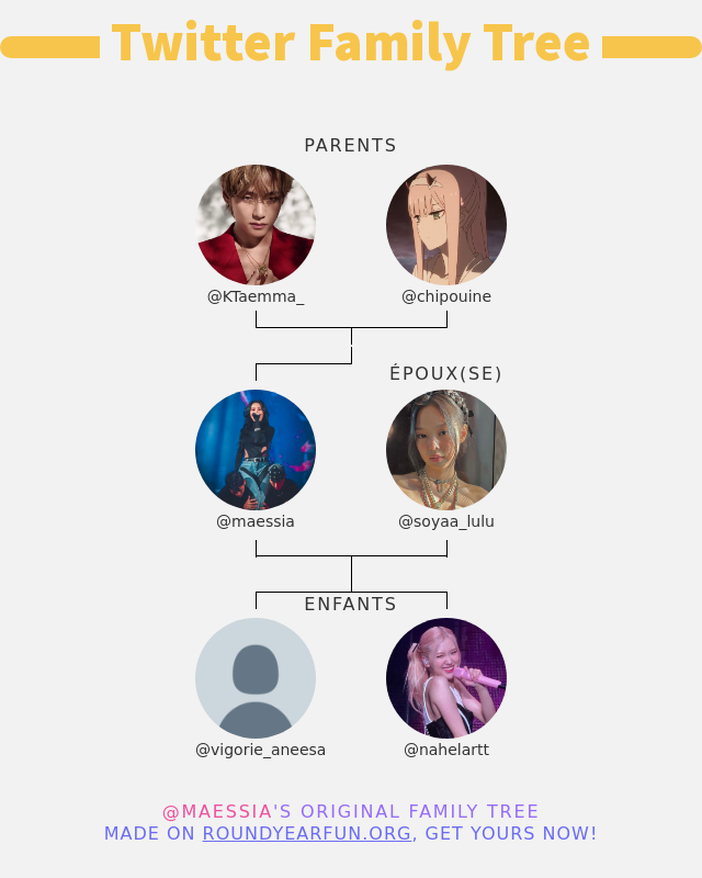maessia's tweet photo. 👨‍👩‍👧‍👦 Ma Famille Twitter:
👫 Parents: @KTaemma_ @chipouine
👰 Époux(se): @soyaa_lulu
👶 Enfants: @vigorie_aneesa @nahelartt

➡️ https://t.co/JUpRpJqrYu https://t.co/eoZZxoBTcc
