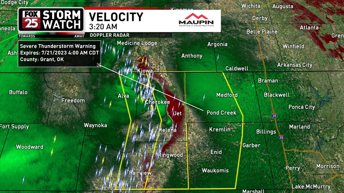 Severe Thunderstorm Warning for Alfalfa, Grant, Garfield, and Major counties continues until 4:00 AM. Radar estimated 60 mph wind, but the Tornado Possible tag is on this warning due to the little notches being seen on velocity. Moving east at 45 mph. #okwx https://t.co/WU53AKOjix