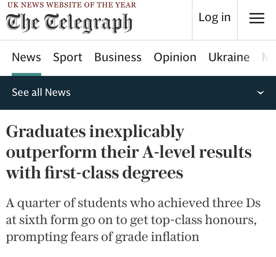 the UK media: universities need to stop luring students into degrees where they’ll receive poor-quality teaching that does nothing to improve their prospects UKHE: good news! we did brilliant teaching so our students did brilliantly 😃 the UK media: this is inexplicable