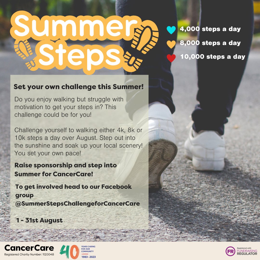 CancerCareLocal's tweet photo. Choose your challenge and walk 4k, 8, or 10k steps a day this August, whilst raising funds for CancerCare. Whatever your fitness level, everyone is welcome to get involved! Getting involved completely FREE! Join our Facebook group https://t.co/0dsd8Yc0p5 https://t.co/xk7o4bDYEM