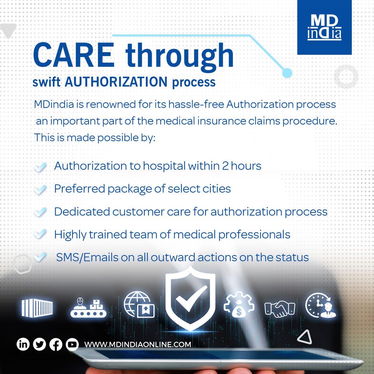 MdindiaTpa's tweet photo. One of the important steps leading up to a hassle-free medical insurance claim is the Authorization procedure. It is the responsibility of the #TPA to ensure that the documentation process is swift and tension-free, a speciality of #MDIndia.
#MedicalInsuranceclaim #Authorization https://t.co/g179Fb1O18