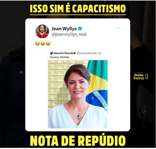 fellipebambam's tweet photo. Deputada acusa Jean Wyllys de preconceito: “Capacitismo”
Amália Barros usa prótese ocular e foi alvo de piadas nas redes sociais: A deputada federal Amália Barros (PL-MT), que é monocular, acusou o ex-deputado federal Jean Wyllys (PT) de cometer capacitismo ao rir e compartilhar uma publicação difamatória.

Na imagem, a ex-primeira-dama, Michelle Bolsonaro, está usando um colar com o olho de vidro de Amália. A montagem foi feita diante da polêmica gerada pelo pedido da esposa de Jair Bolsonaro para que a parlamentar tirasse a prótese ocular durante evento do PL.
– Ele, ao compartilhar essa publicação de deboche, ataca milhares de pessoas que fazem uso de próteses e são alvo de ataques e preconceito, sofrem na pele com o comportamento pernicioso de pessoas como ele. Ao tratar com deboche este caso, Jean Wyllys se torna mais um capacitista, que desconhece, por exemplo, a lei que classifica a visão monocular como deficiência, o que só foi possível graças a Michelle e ao nosso eterno presidente, Jair Bolsonaro – criticou.

Amália Barros perdeu a visão do olho esquerdo aos 20 anos. Ela passou por 12 cirurgias, até que, em 2016, precisou retirar o globo ocular e colocar a prótese.

Com ajuda do casal Bolsonaro, ela conseguiu fazer com que a lei que classifica a visão monocular como deficiência fosse aprovada. Hoje, ela defende a causa das pessoas com deficiências na Câmara dos Deputados.

– Este tipo de ataque, vindo de pessoas como ele, não me espanta. Ele passou anos na Câmara dos Deputados e nunca se preocupou com essa e com tantas outras questões relacionadas às pessoas com deficiência. Então, senhor Jean Wyllys, exijo respeito aos milhares de brasileiros que sofrem diariamente por ataques de pessoas como você. A mim, você e sua baixeza, não atingem!