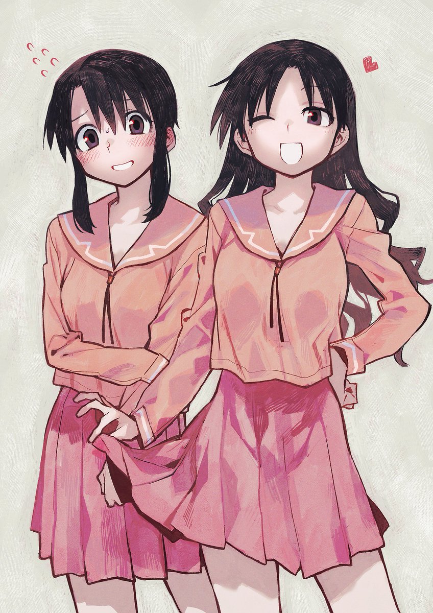 multiple girls 2girls skirt school uniform one eye closed smile long hair  illustration images