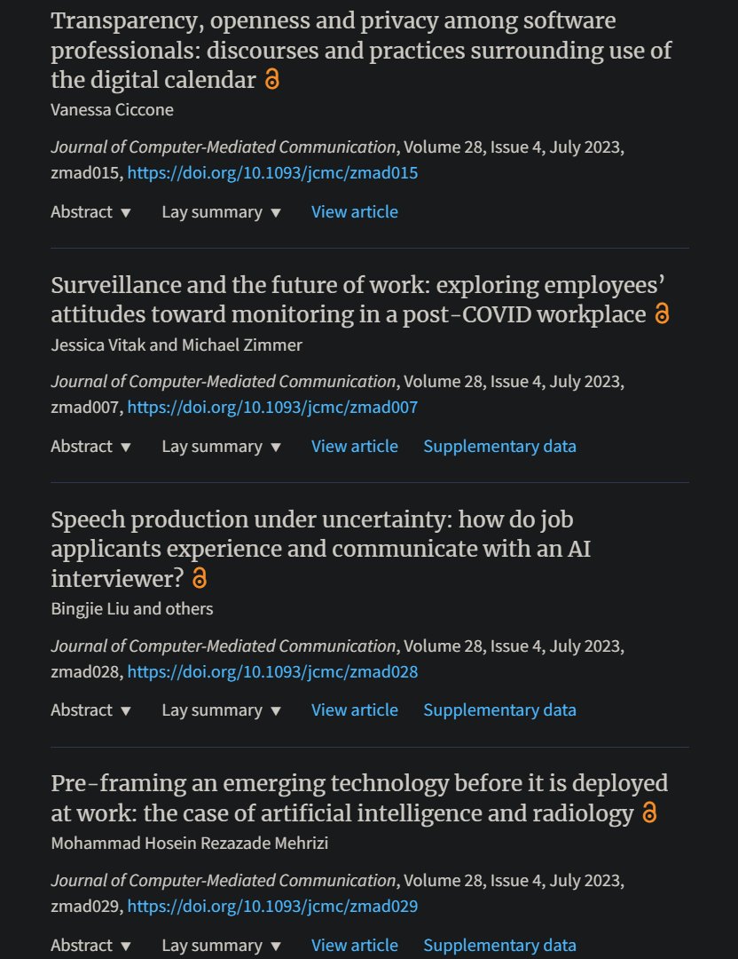 Check out this <a href="/ica_jcmc/">Journal of Computer-Mediated Communication</a> Special Issue on "Technology and the Future of Work", edited by <a href="/nancybaym/">Nancy Baym is not here</a> and <a href="/nicole_ellison/">Dr. Nicole Ellison</a> 🔥🔥🔥

academic.oup.com/jcmc/issue/28/4