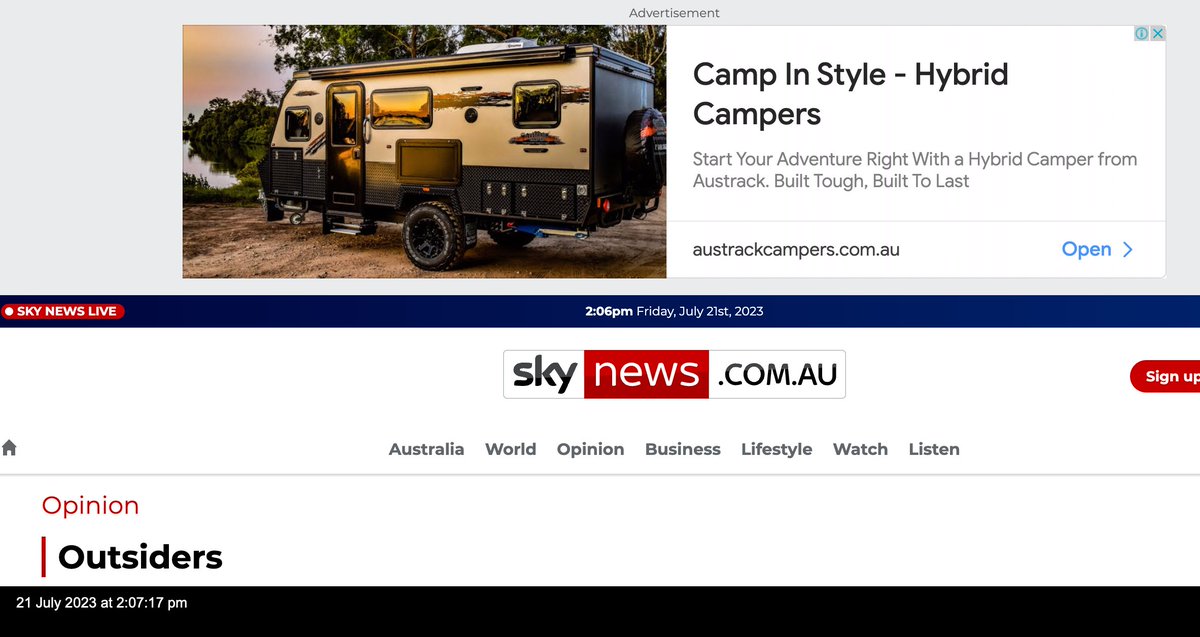 Aushiker's tweet photo. @Austrackcampers, your adverts on Sky News Australia’s after-dark opinion pages are funding climate science denialism, racism, vote no for the Voice &amp; misogyny. Does this reflect your corporate values? One would hope not, and you act appropriately. cc @slpng_giants_oz. https://t.co/xl6gFKa0kA