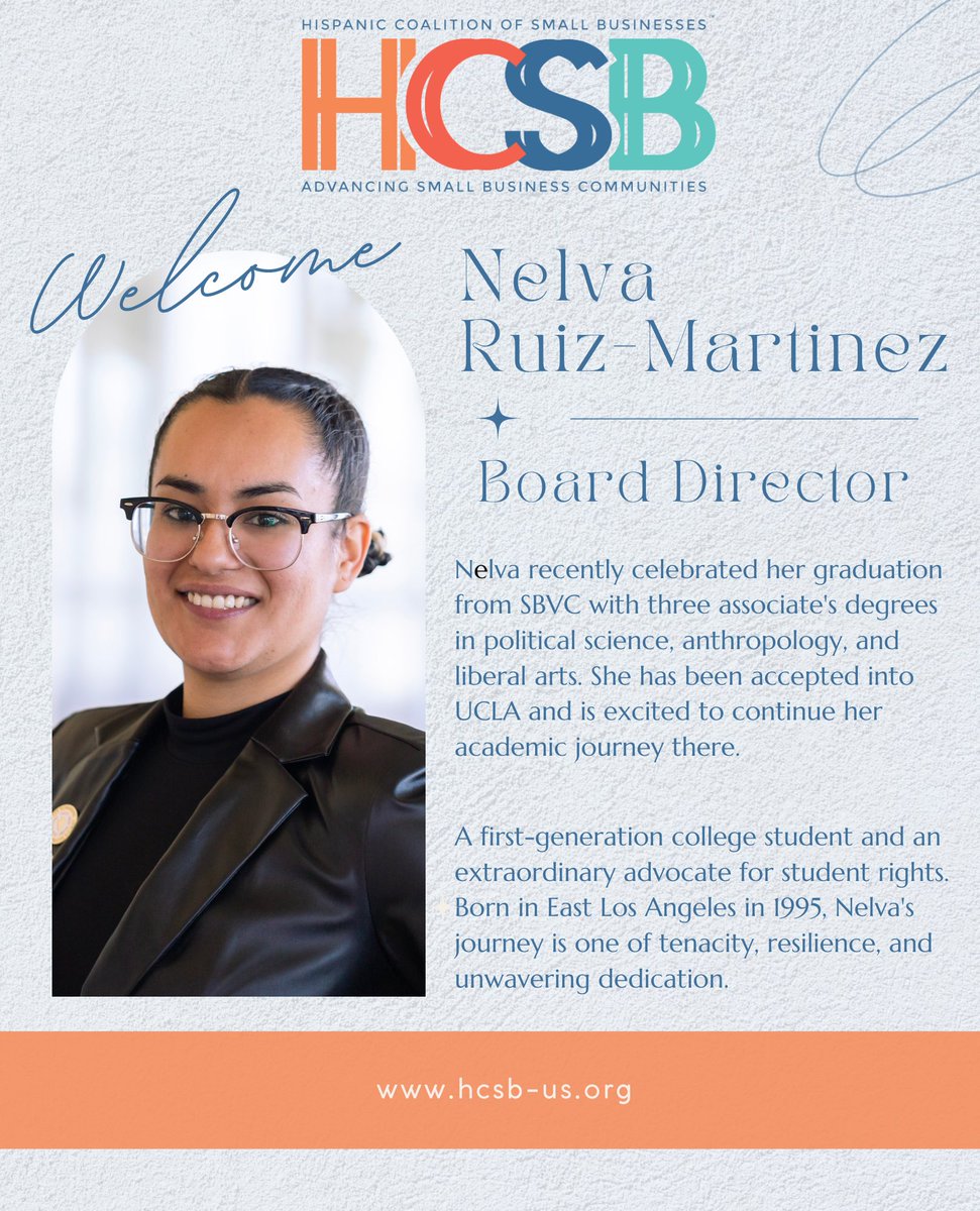 We are proud to announce Nelva Ruiz-Martinez, President of Associated Student Government, San Bernardino Valley College, joined our Board of Directors. Nelva is committed to being a community leader & brings a valuable perspective of students & future small business owners. https://t.co/WEntcL8YR1