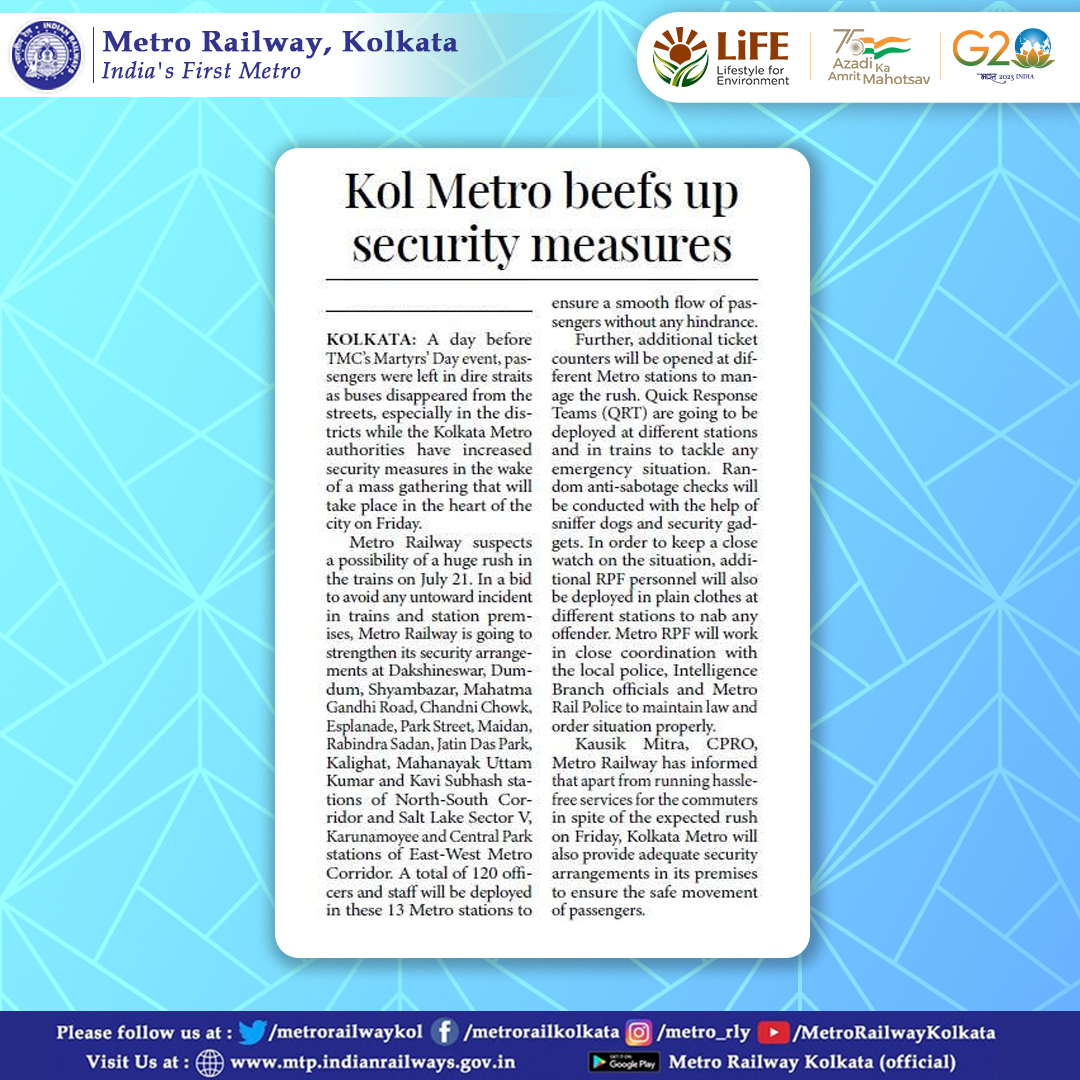 metrorailwaykol's tweet photo. Kolkata Metro beefs up security arrangements today
#kolkatametro
#metrorailway
#transformingkolkata
#youngkolkatans
#MetroSecurity
#KolkataMetroSecurity
#SecurityMeasures
#ToughSecurity
#IndianRailways https://t.co/xwD7b90MEF