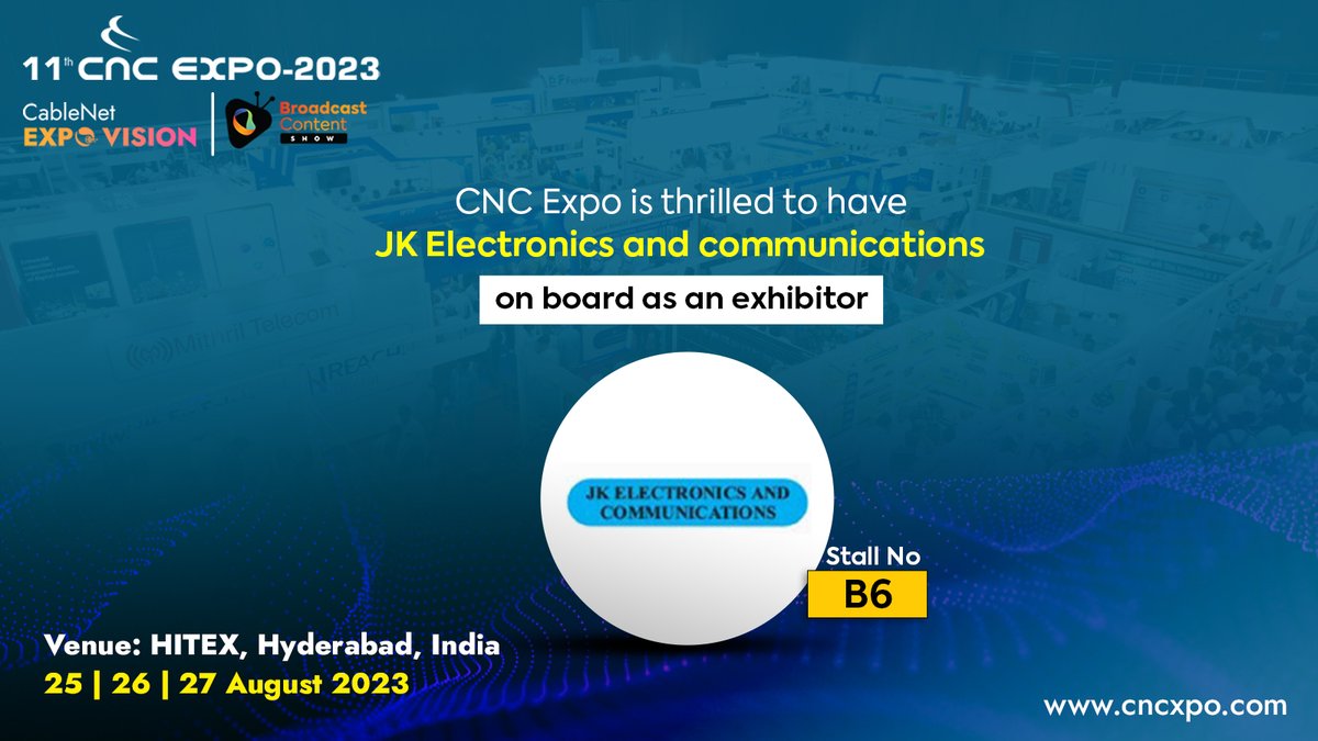 CNC Expo is thrilled to have JK Electronics and Communications on board as an exhibitor. 
Experience the future of seamless communications at Stall No. B6, CNC Expo 2023.

#cncexpo #expo #jkelectronics  #electronics #networking #technologies #exebition #expovision #expovision2023