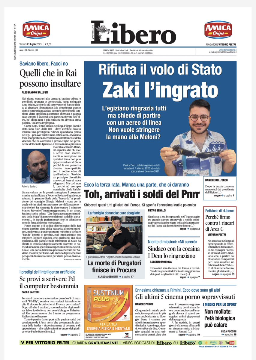 Storace's tweet image. Da #Libero in #edicola: 
✅ ai #compagni che lavorano (per i privati) birra e gazzosa, altro che #noveeuro l'ora
✅una #sinistra impazzita si mette a celebrare #CarloGiuliani, che stava per ammazzare un #carabiniere