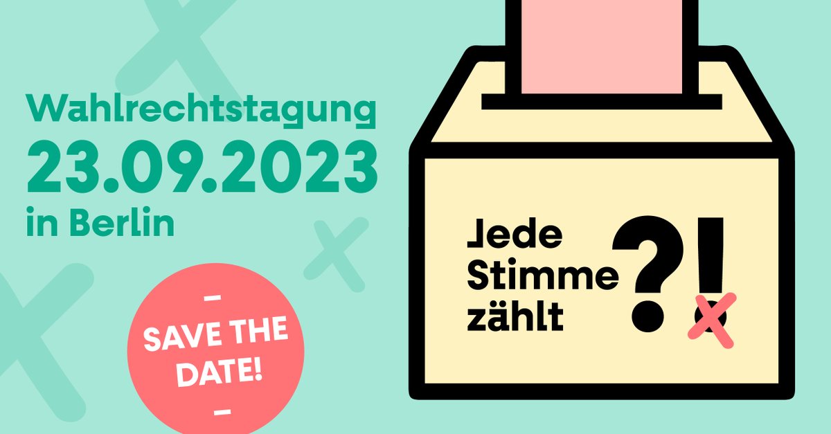 Save the Date! “Jede Stimme zählt?!” - am 23.9., 11 bis 19 Uhr findet unsere 2. Wahlrechtstagung in Berlin statt! Neben dem Thema #Sperrklausel werden u.a. die Ersatzstimme, die integrierte Stichwahl und die Option einer Proteststimme Themen der Tagung sein. Weitere Infos folgen!