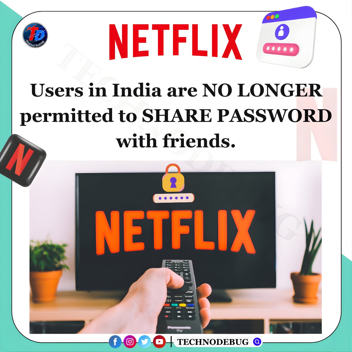 TechnoDebug's tweet image. Netflix has recently restricted  password sharing. This means that you can no longer share your Netflix password with your friends or family members.
#technodebug #NetflixIndia
#Trending #followformore #Twitter #netflixbanpasswordsharing
#TechNews
.
.
@TechnoDebug 
@NetflixIndia
