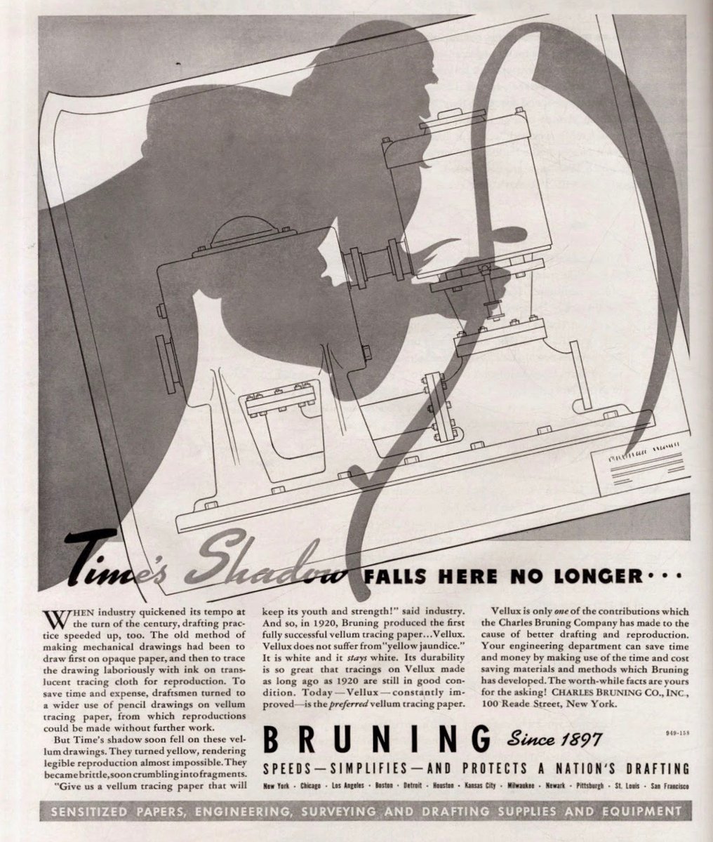 LRonLacy's tweet photo. In #JULY 1939
‘Time's shadow falls here no longer. . .’ Bruning Paper, July 1939
#FatherTime #paperindustry #paper #BruningPaper #tracingpaper #vellumtracingpaper #technicaldrawing #drafting https://t.co/LutkwygYM1