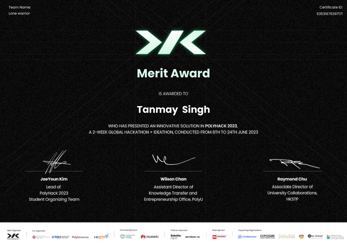 TanSin25's tweet photo. Hey everyone 💫
I am delighted to share that I have won the Merit award and a prize of 1000 HKD at 𝐏𝐨𝐥𝐲𝐇𝐚𝐜𝐤𝟐𝟎𝟐𝟑 , a global 2-week hybrid hackathon and ideathon, organized by the PolyHack Student Organizing Team in Hong Kong.
#PolyHack2023 https://t.co/w0ttvvMn7X