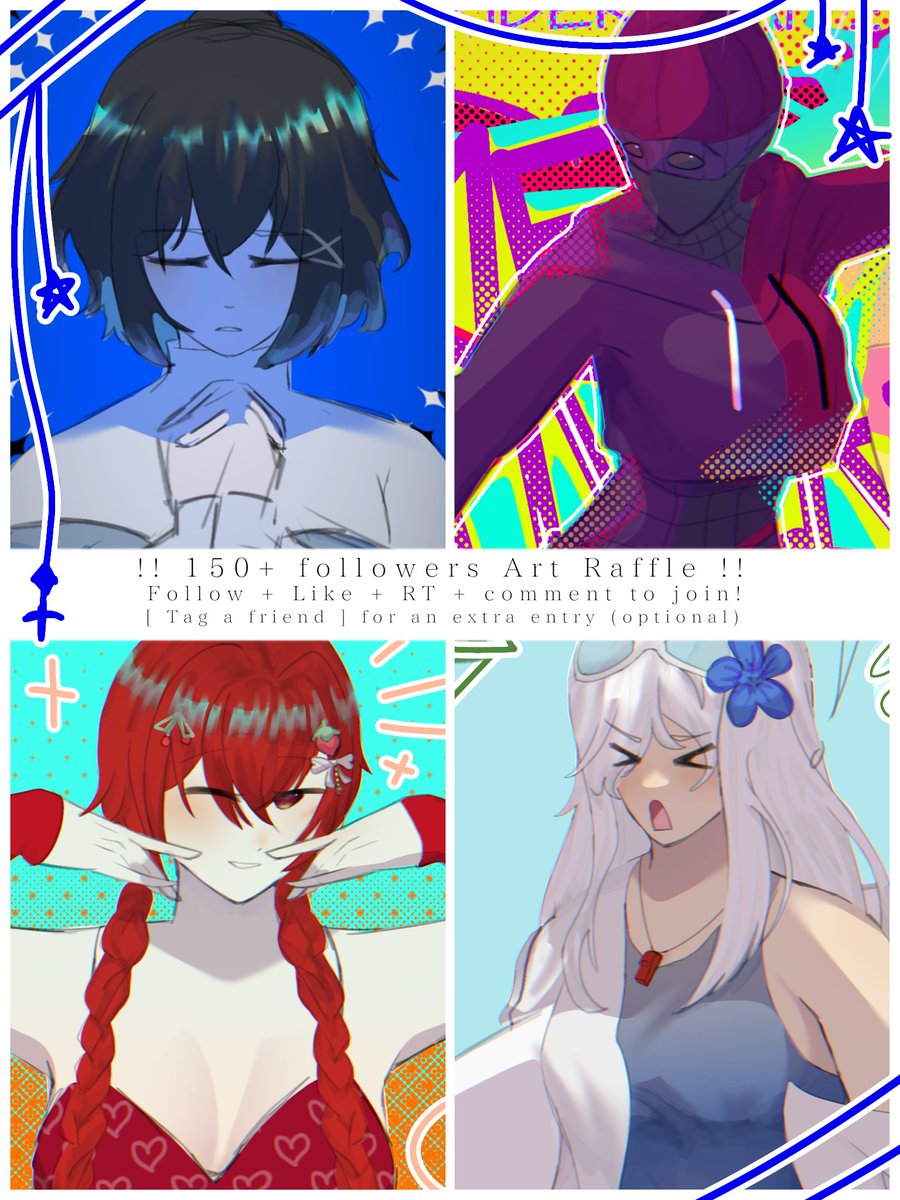 !!!🫐 ART RAFFLE 🫐!!! 
Winner will get a half body art (❁´◡`❁)

Rules :
✨Follow + Like + Retweet + comment your OC
✨ Optional : Tag a friend for an extra entry 

✨Another winner gets added every 50 retweets~

Deadline : 08/01/23

#artraffle
