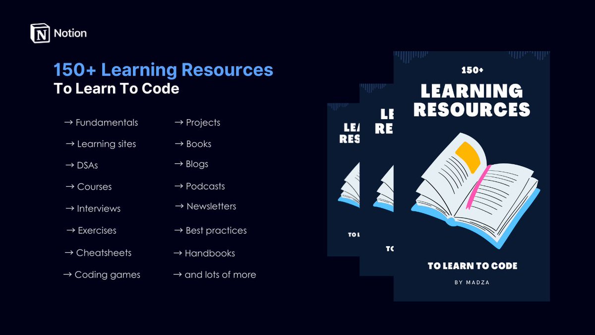 madzadev's tweet image. Here's Everything You Need to Learn to Code 🚨
Huge Collection of 150+ Resouces 👇
→ Fundamentals
→ Learning sites
→ DSAs
→ Courses
→ Interviews
→ Exercises
→ and 11 other categories!
RT & Reply  "👋"  and I'll DM you the resource!
(Must be following so I can DM you)