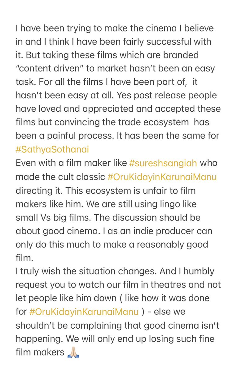 sameer Bharat ram (@sameerbr) on Twitter photo An independent producer’s humble request 🙏🏻 Please watch #SathyaSothanai in theatres <a href="/sureshsangaiah/">suresh sangaiah</a> <a href="/onlynikil/">Nikil Murukan</a> An independent producer’s humble request 🙏🏻 Please watch #SathyaSothanai in theatres <a href="/sureshsangaiah/">suresh sangaiah</a> <a href="/onlynikil/">Nikil Murukan</a>