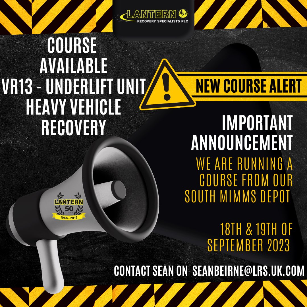 🚨 NEW COURSE DETAILS 🚨 

We have the VR13 - Underlift Unit Heavy Recovery running on the 18th and 19th of September 2023 at our depot in South Mimms 📍 

Please contact Sean on seanbeirne@lrs.uk.com for more details 🙌🏻

#roadsideassistance #heavyrecovery #coveredtransportation