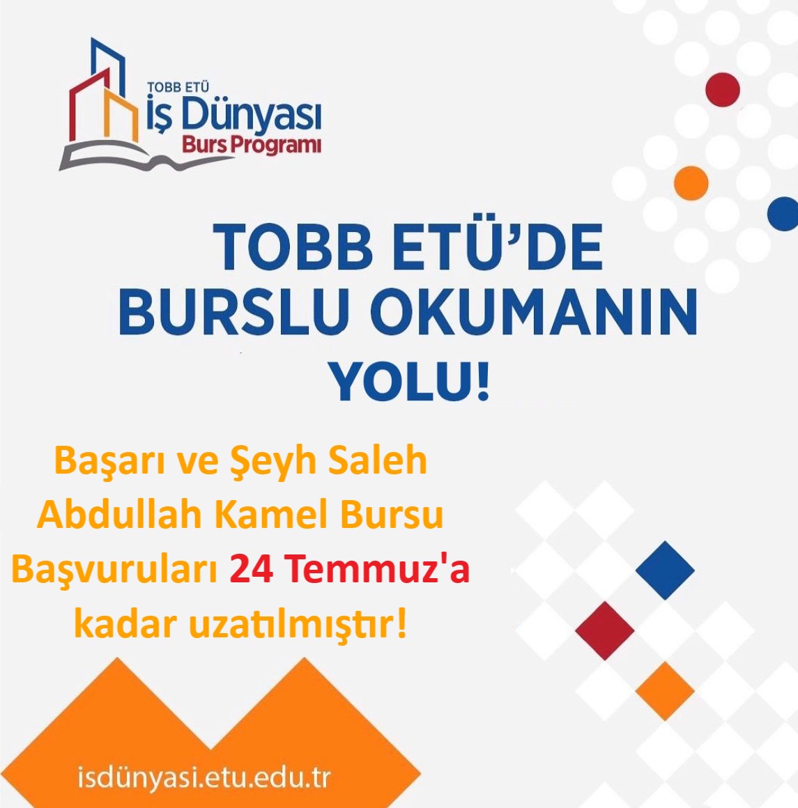 İş Dünyası BAŞARI BURSU ve ŞEYH SALEH ABDULLAH KAMEL BURSU Başvuruları 24 Temmuz 2023 Pazartesi günü 17:00’e kadar uzatılmıştır.

Yoğun ilginiz için teşekkür ederiz 🫶🏻

#tobbetü #tobbetülüyüz #isdunyasibursprogrami