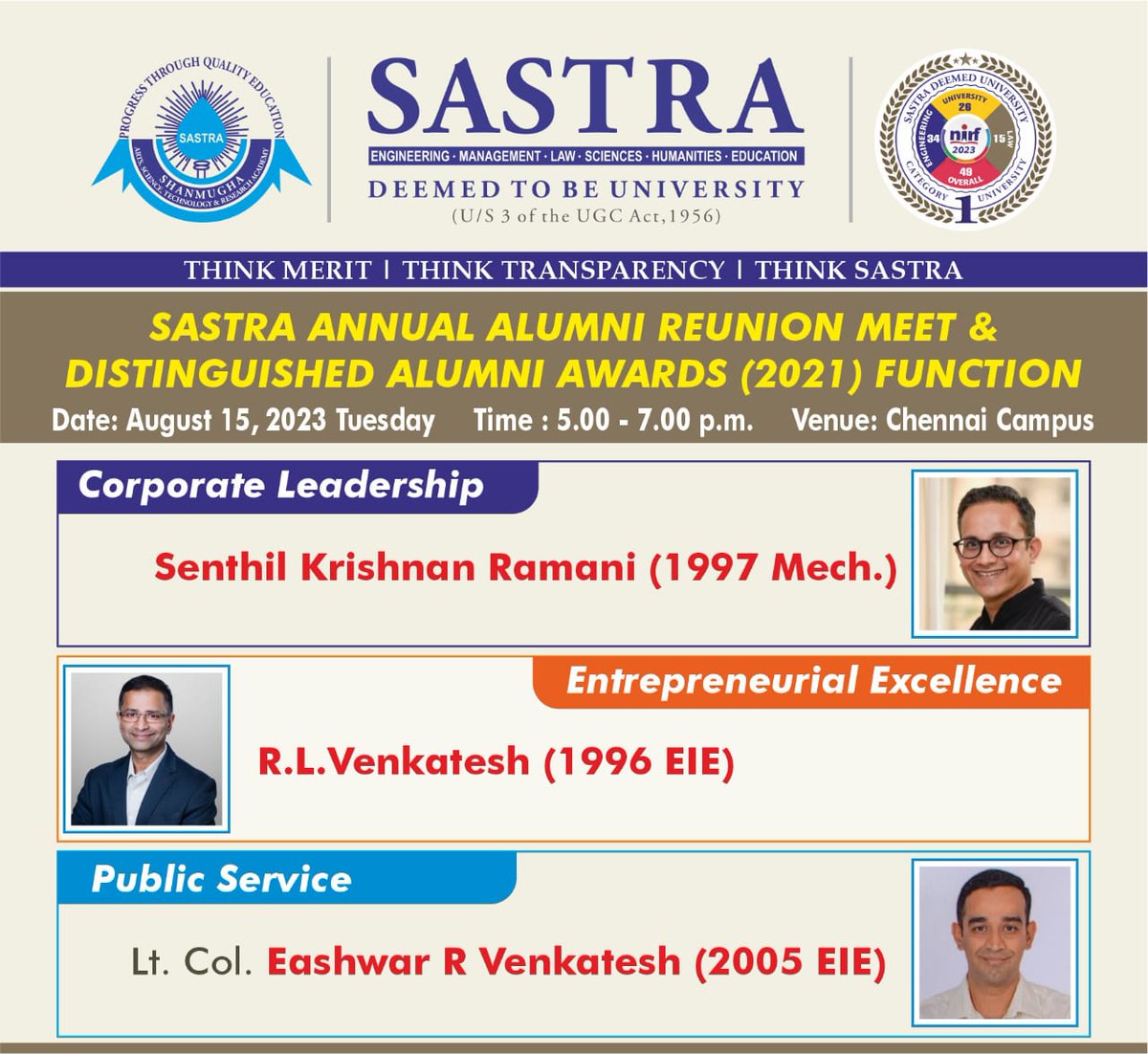 SASTRA Deemed University (@sastrauniv) on Twitter photo Congratulations to the <a href="/SastraUniv/">SASTRA Deemed University</a> Distinguished Alumni Award Winners. Looking forward to seeing you on August 15 2023 as we present the Awards for your corporate leadership, entrepreneurial & public service excellence. Alumni, pls register for the Awards' Musical Dinner Night Congratulations to the <a href="/SastraUniv/">SASTRA Deemed University</a> Distinguished Alumni Award Winners. Looking forward to seeing you on August 15 2023 as we present the Awards for your corporate leadership, entrepreneurial & public service excellence. Alumni, pls register for the Awards' Musical Dinner Night