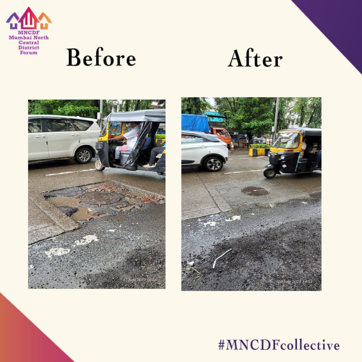 Civic grievance regarding Crater at Marve Road, near Aspee Auditorium, Malad (W), was attended & repaired by @mybmc , after #MNCDFcollective member @AlertCitizen5 submitted an official complaint & followed up on it. We welcome the efforts of our team towards Community Governence.