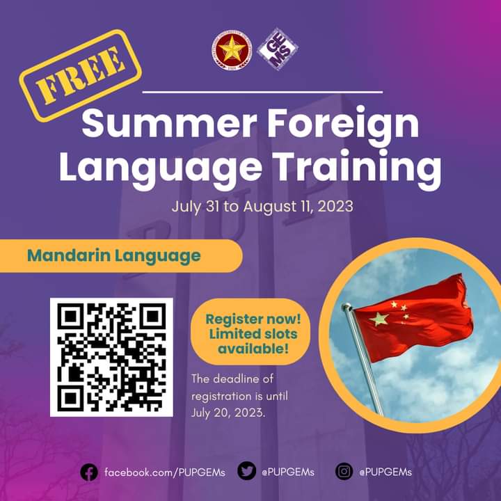 PUPGEMs's tweet image. 𝙈𝙖𝙠𝙚 𝙮𝙤𝙪𝙧 𝙨𝙪𝙢𝙢𝙚𝙧 𝙥𝙧𝙤𝙙𝙪𝙘𝙩𝙞𝙫𝙚!

📢: July 31-August 11, 2023
📆: Weekdays
⌚: 1:30-5:30 PM (except for the final examinations on August 11 which is scheduled at 8:00 AM)
📌: Online

#SummerForeignLanguageTraining
#MandarinLanguage
#PUPGEMs2023