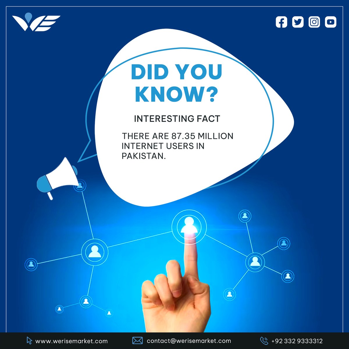 𝐃𝐢𝐝 𝐲𝐨𝐮 𝐤𝐧𝐨𝐰? 𝟖𝟕.𝟑𝟓 𝐁𝐢𝐥𝐥𝐢𝐨𝐧 people use the internet in Pakistan. This is why the online presence of your business is crucial. come to us! 𝐂𝐚𝐥𝐥 +92 332 933 3312 𝐖𝐞𝐛𝐬𝐢𝐭𝐞: werisemarket.com