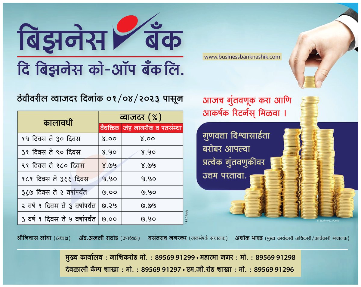 businessbank4's tweet photo. आजच गुंतवणूक करा आणि आकर्षक व्याजदर मिळवा....
- The Business Co-op Bank Ltd
https://t.co/42gxf6Uhzx https://t.co/kxSP7umo9B