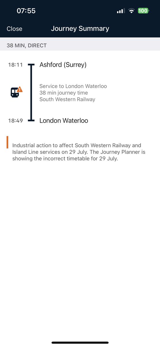 AlexandraDBond's tweet photo. @SW_Help @thetrainline Yesterday this train was showing as running, now there is this message. Is it running or not? Same as last strike, you are not communicating any useful information, how are travellers supposed to know or plan their journeys? https://t.co/r991v3gAJl