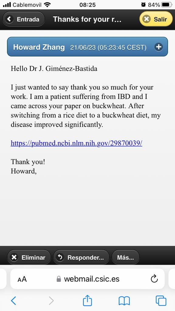 Not sure whether this email is true, but it made my day. Nice to hear that our work helps people to find solutions to their problems. #buckwheat #functionalfoods #inflammation